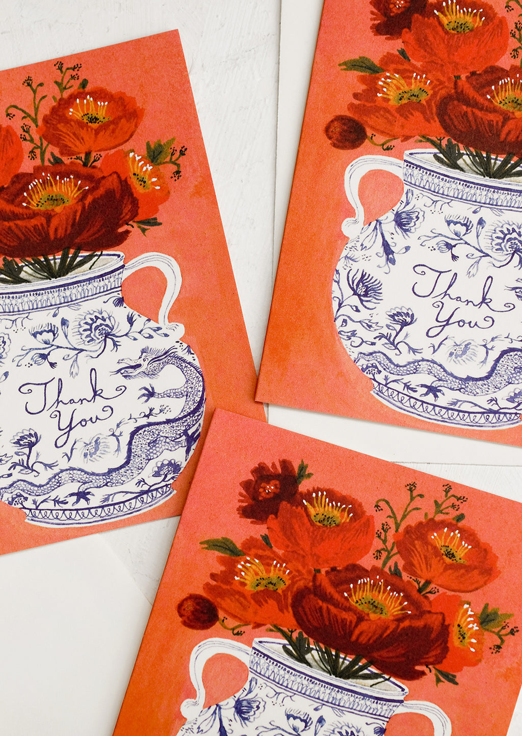 Boxed Set of 8: Greeting cards with chinoiserie vase holding flowers, text reads "Thank you".