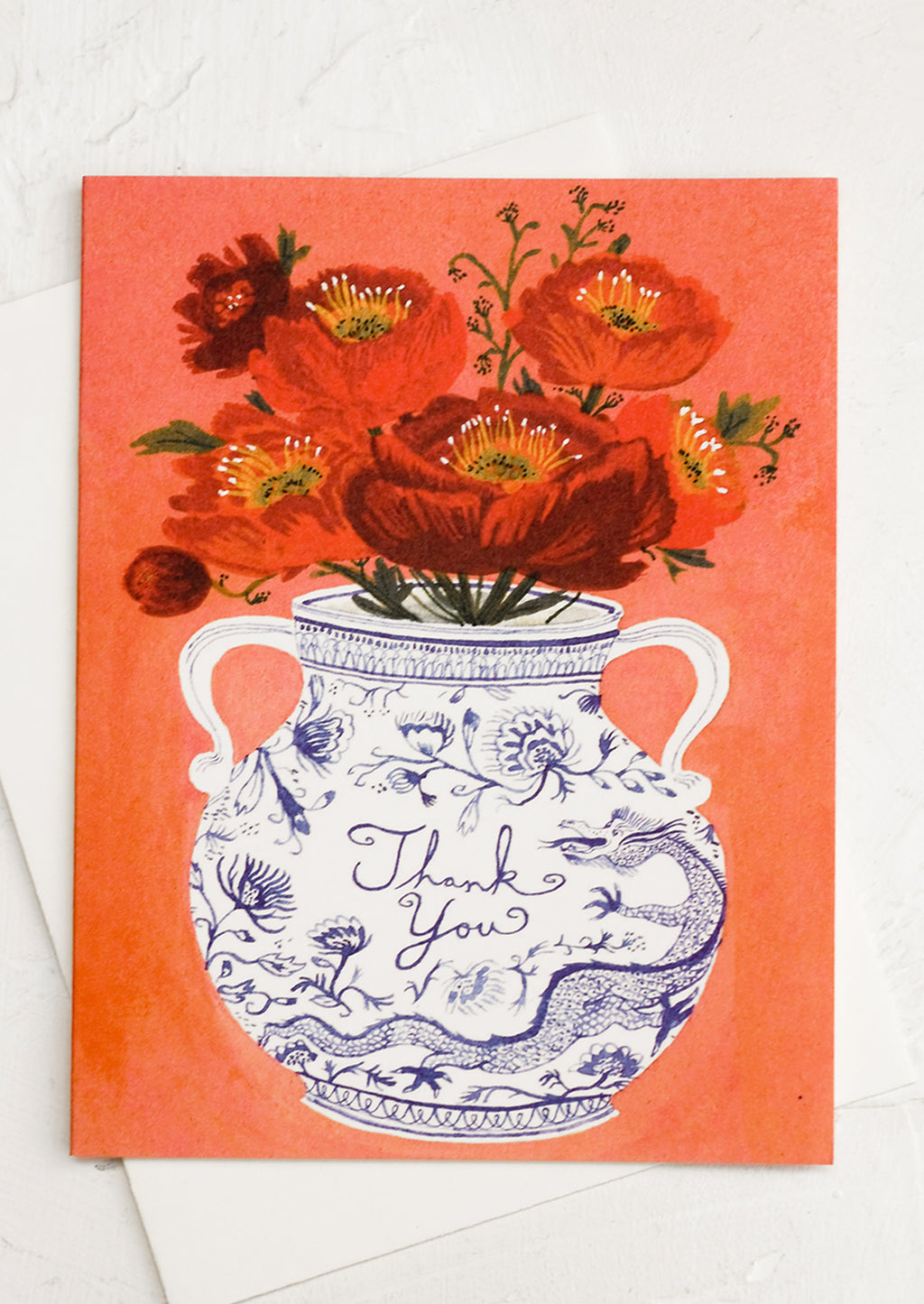 Single Card: Greeting card with chinoiserie vase holding flowers, text reads "Thank you".