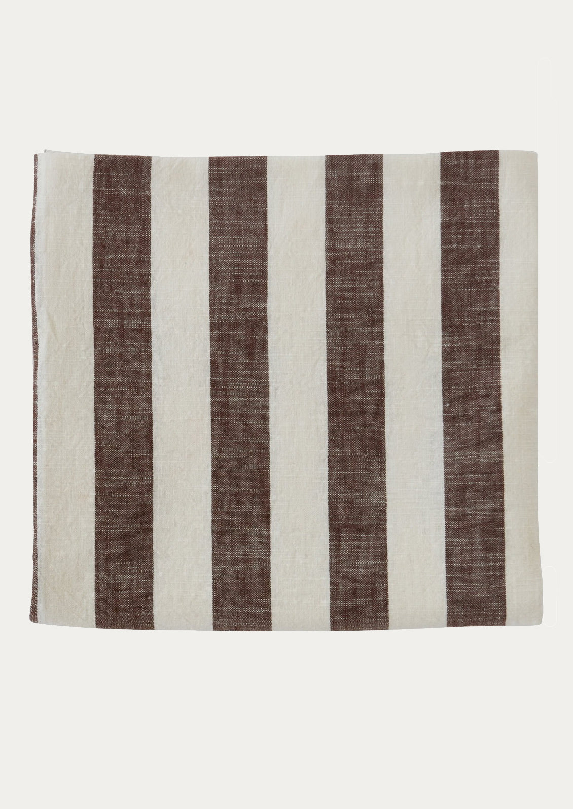 A cotton tablecloth in brown and white stripe pattern.