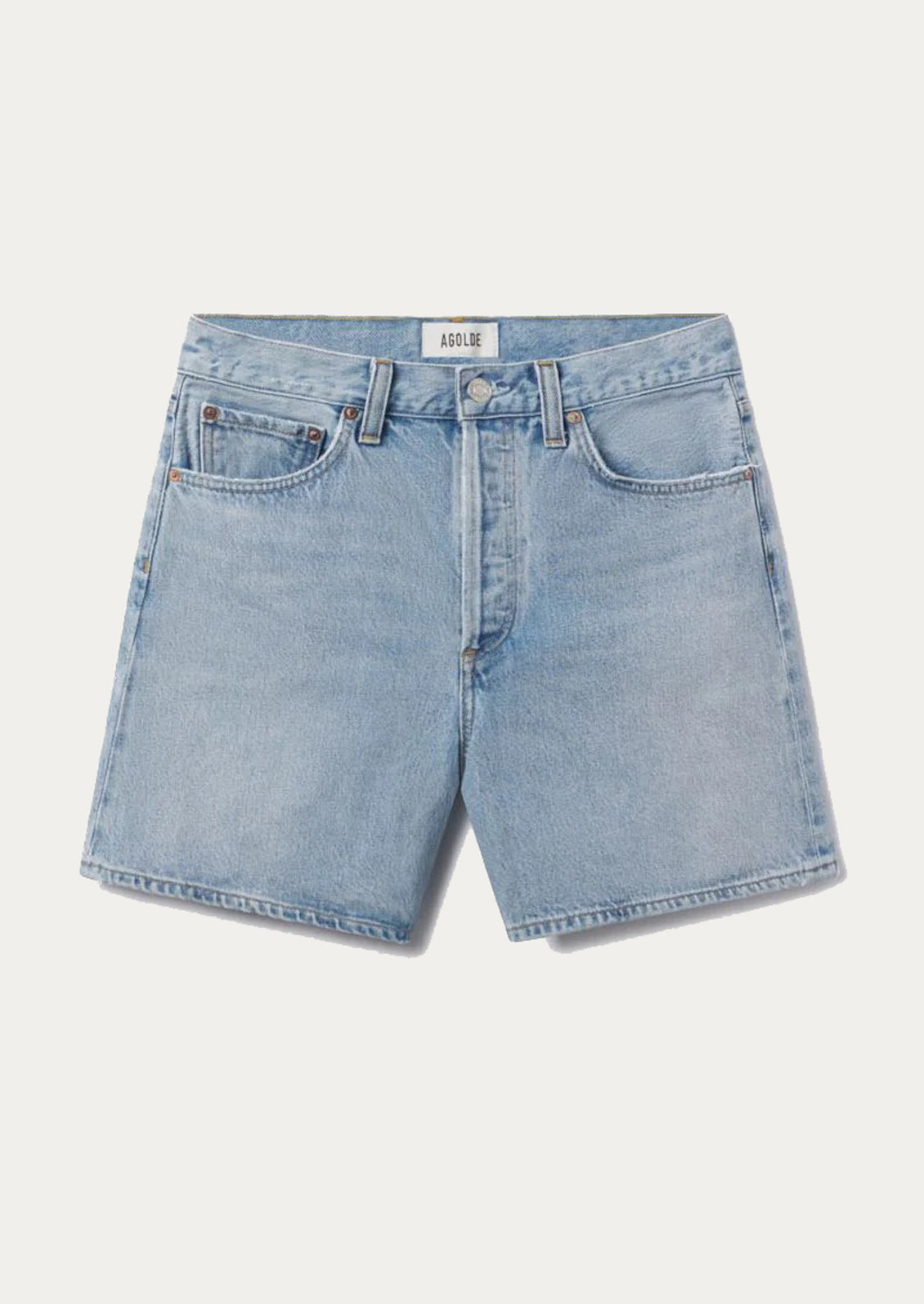 A pair of relaxed denim shorts in light wash.