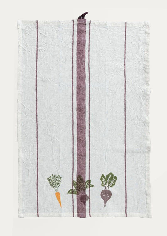 Striped towel with vegetable illustrations on a white background