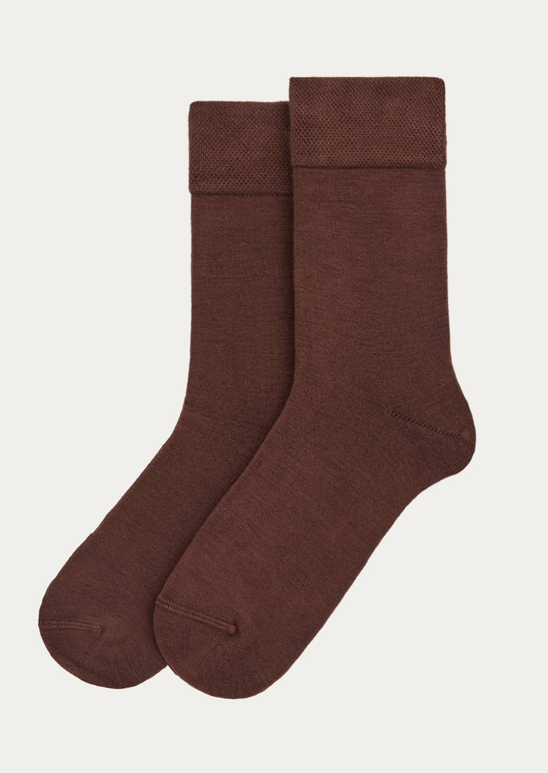 A pair of cocoa brown bamboo blend calf-length crew socks.