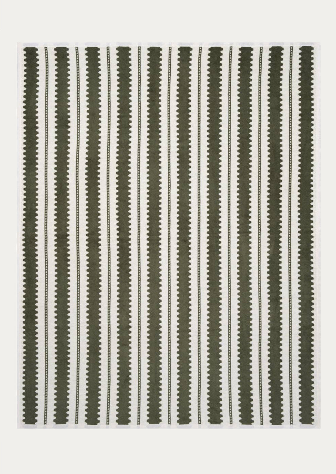 Blanket with olive green geometric stripe pattern.