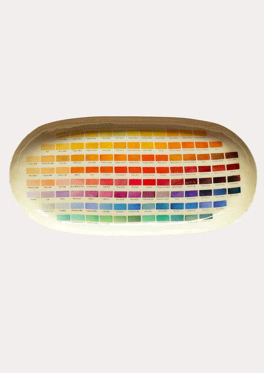 An oval shaped tray with color swatch print.