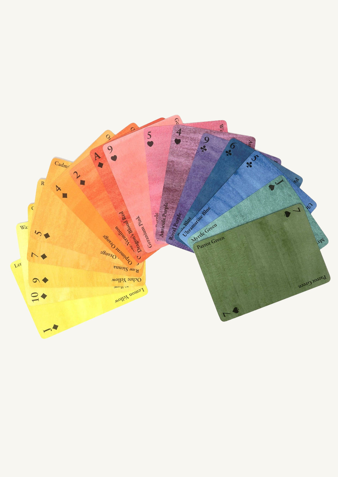 A set of colorful playing cards in rainbow spectrum.