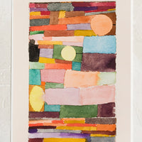 1: An art print of colorful abstract shapes stacked together.
