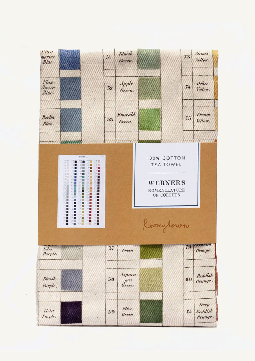 1: A cotton tea towel with color swatch print.