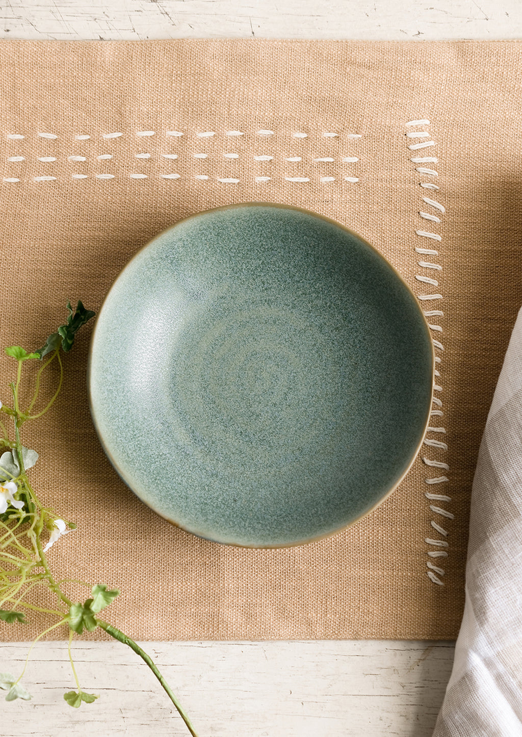 2: A mossy green-blue shallow ceramic bowl.