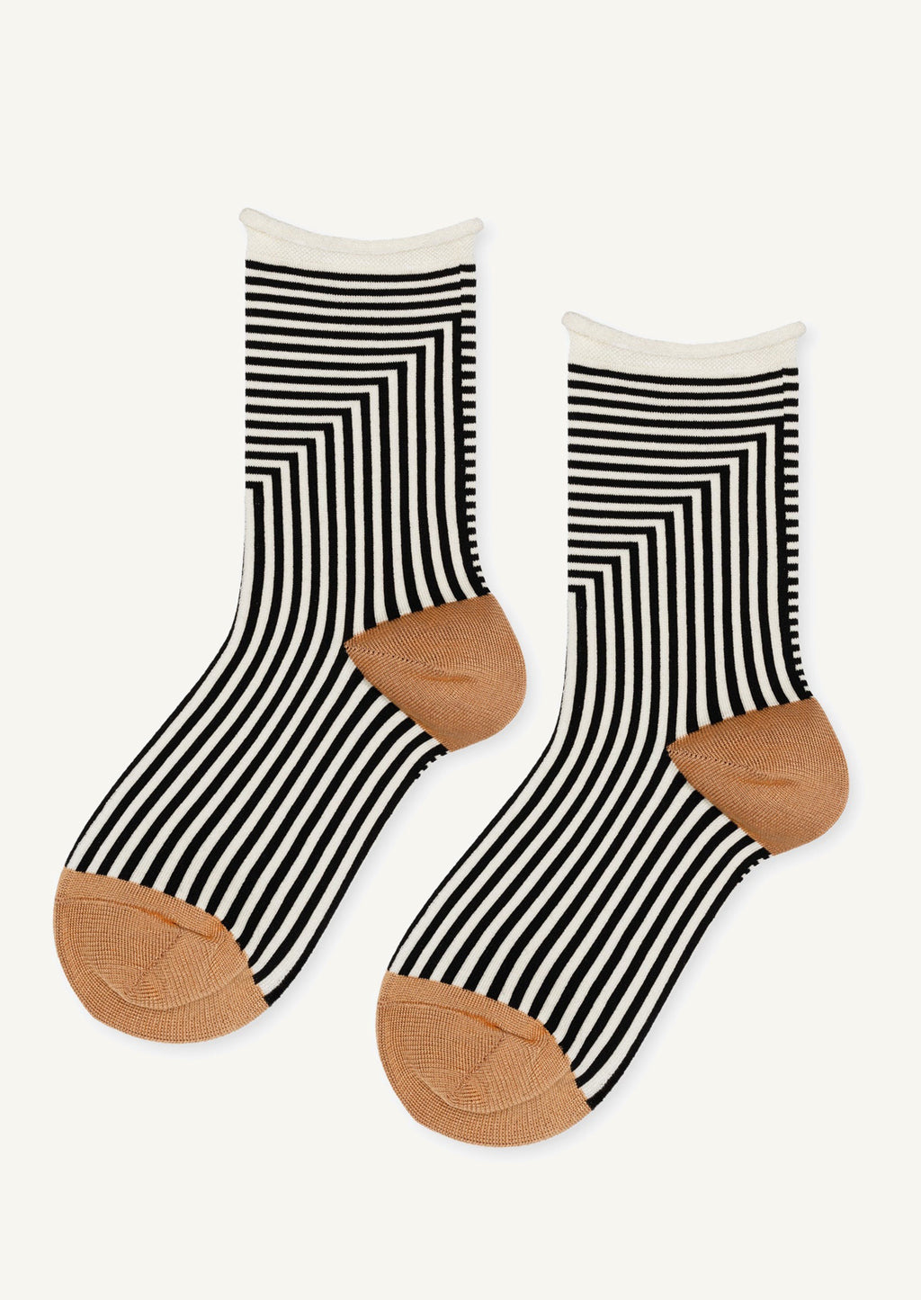 1: Black and white geo stripe socks with camel colored contrast.