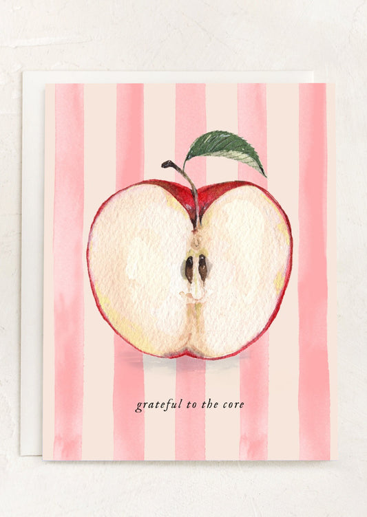 An apple print card reading "Grateful to the core".