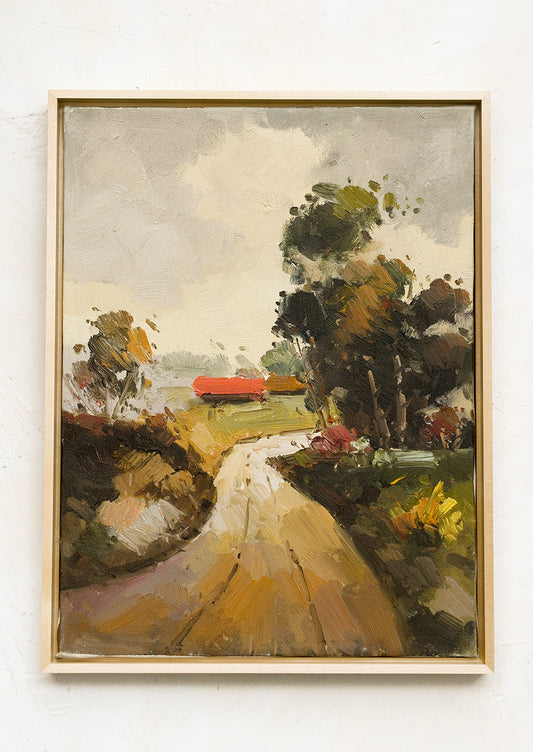 An original oil painting of landscape in thin maple frame.
