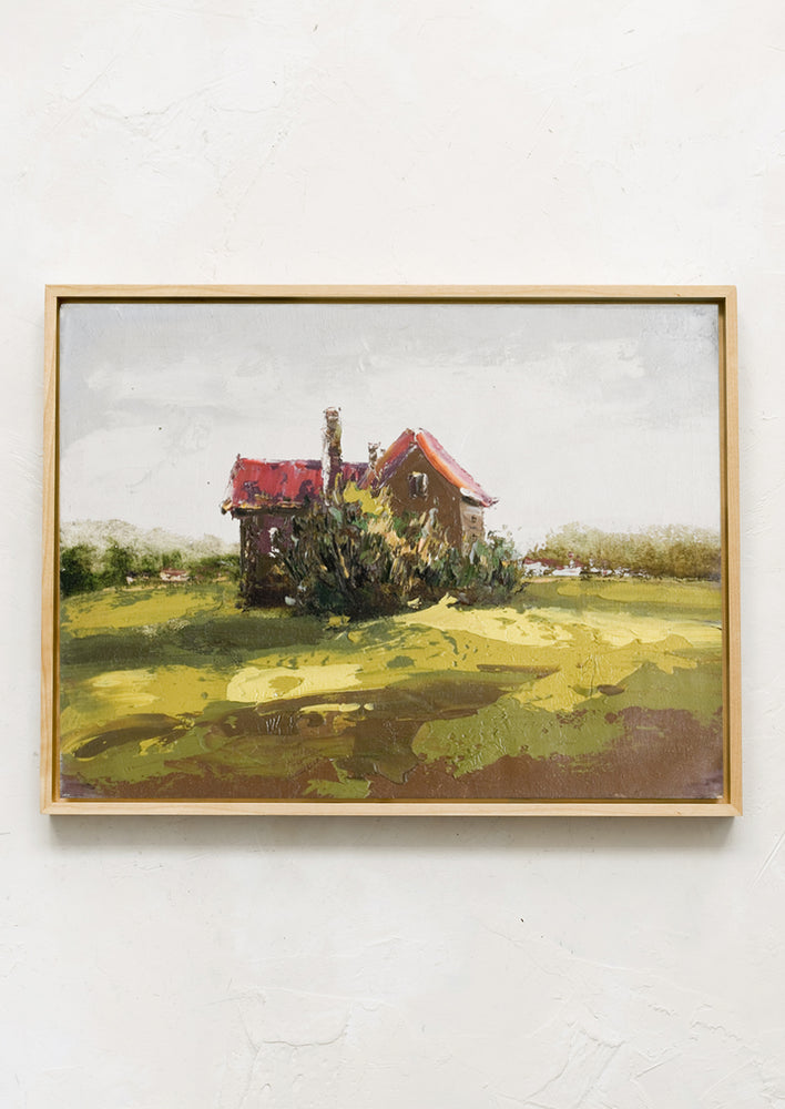 An original framed oil painting of a house in the country.