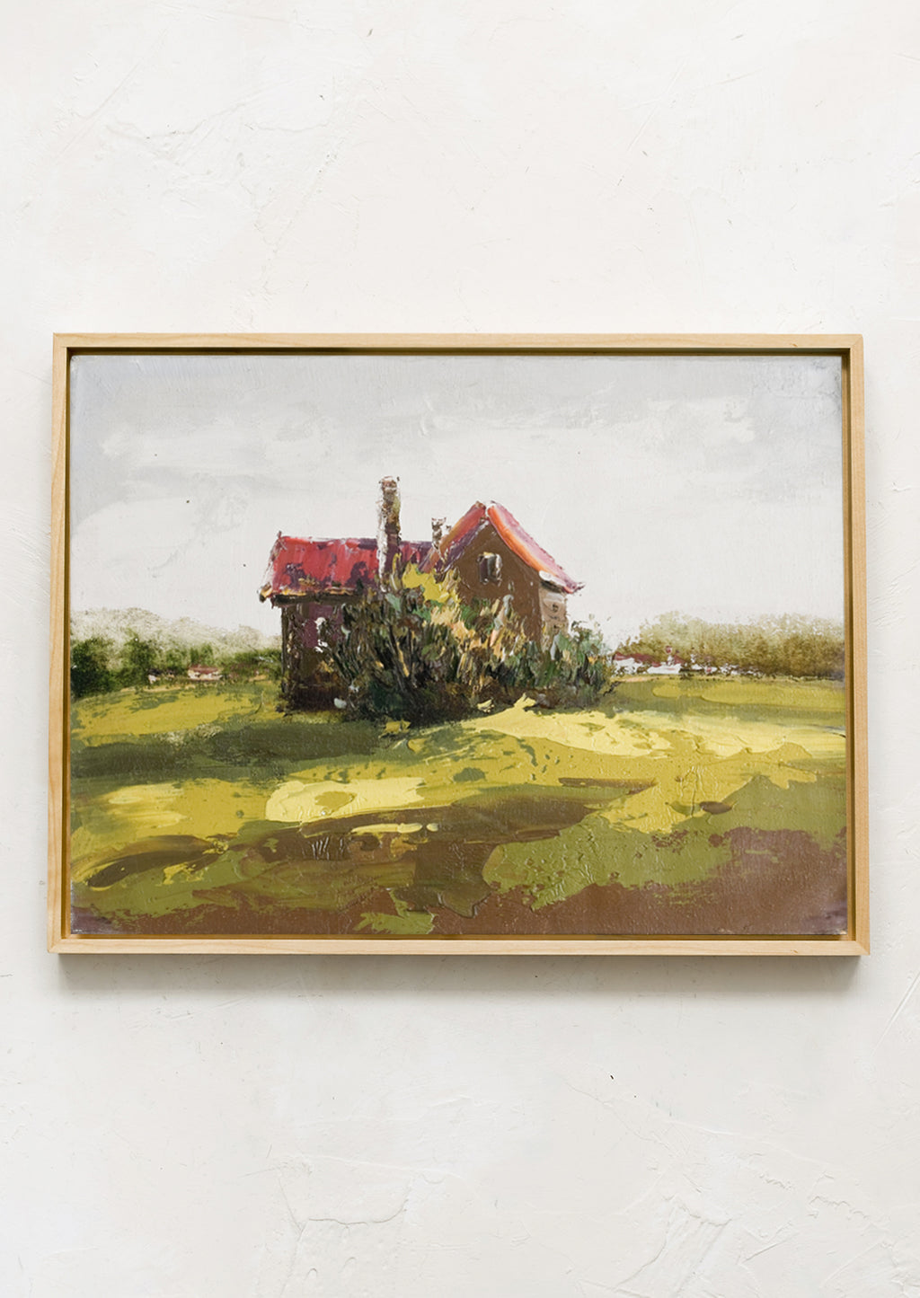 1: An original framed oil painting of a house in the country.