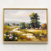 1: An original oil painting of countryside meadow in maple frame.