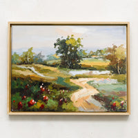 1: A framed original oil landscape painting depicting a path through a countryside setting.