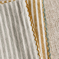 2: A set of four striped dinner napkins in grey-blue and brown stripes.