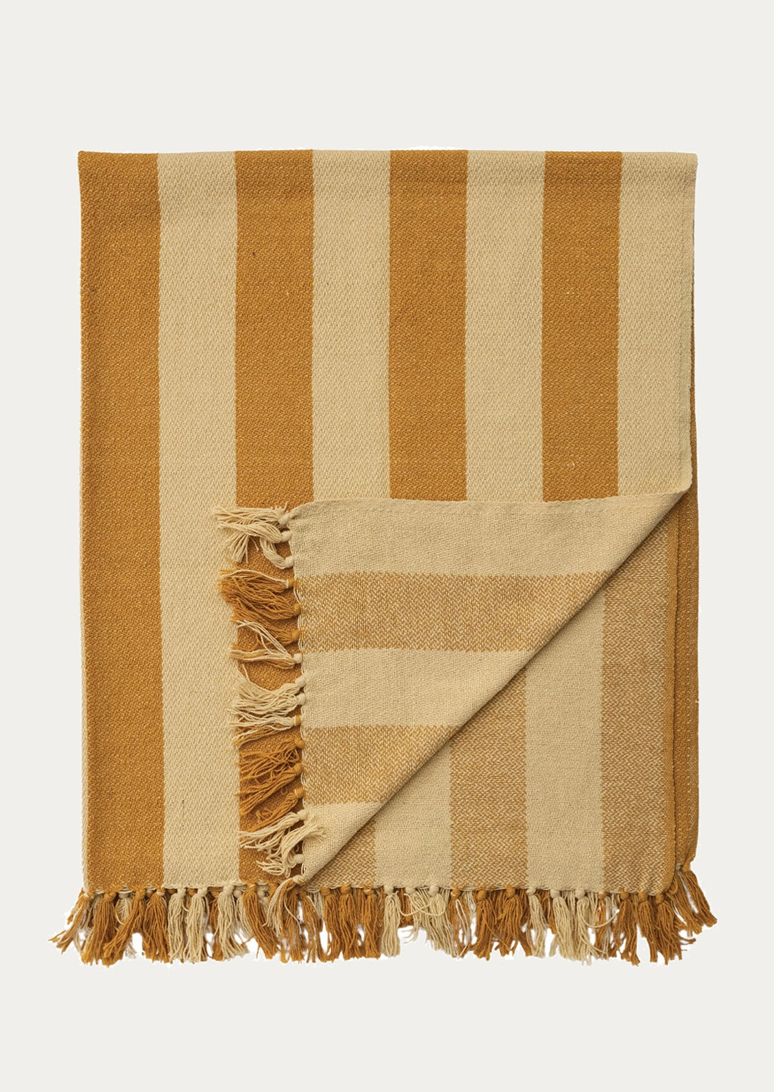A folded throw blanket with vertical mustard and pale yellow stripes and fringed edges.
