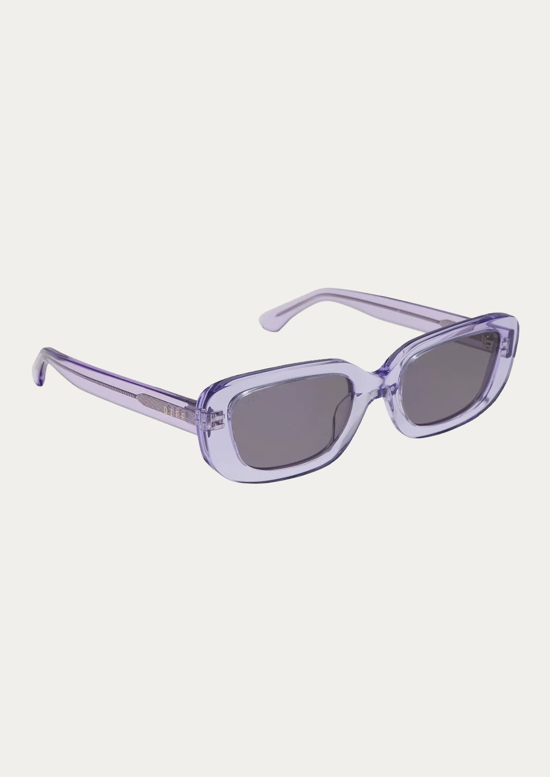 A pair of rectangular sunglasses with clear lilac colored frames.