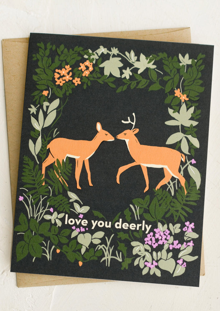 A deer print card reading "Love you deerly".