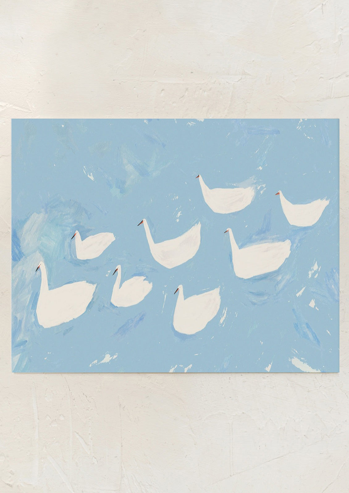An art print of an illustration of white swans on sky blue water.