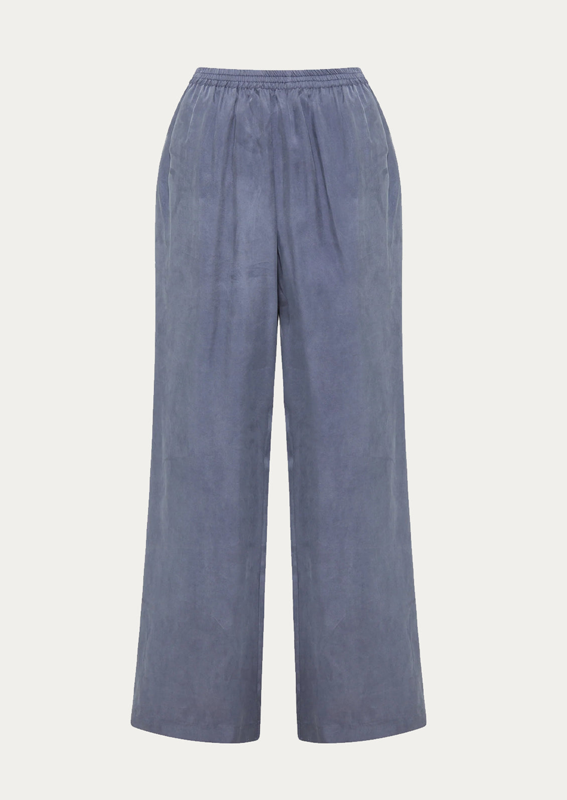 A pair of dusty blue pants with elasticized waistband.