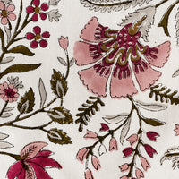 2: A cotton tea towel in block printed floral pattern in maroon, mauve and olive green.