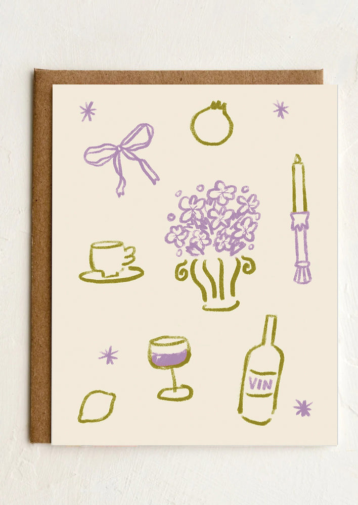1: An illustrated greeting card in purple and green.
