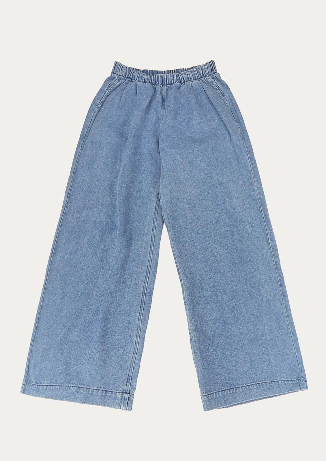 Light blue denim pants on a white background