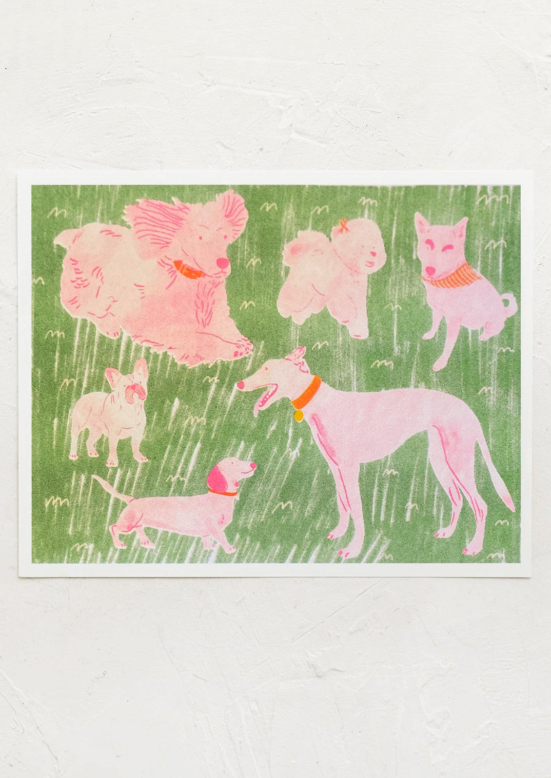 Illustration of neon pink dogs on a green background.