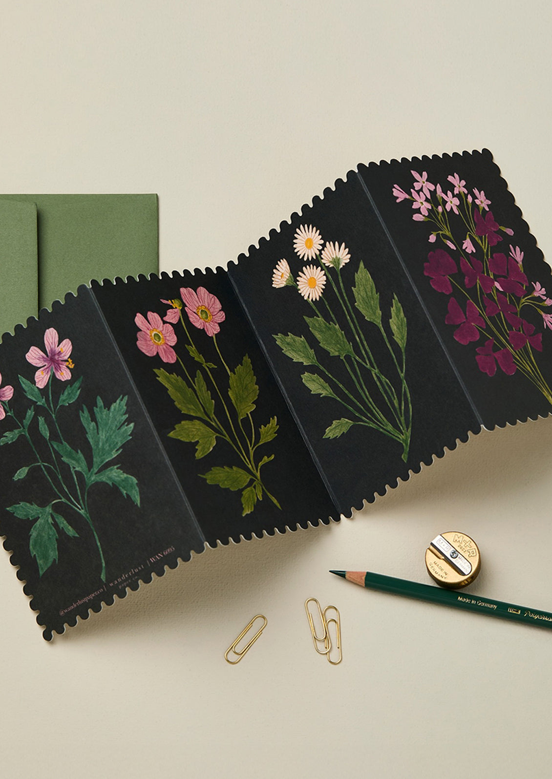 An accordion folded concertina card with floral paneled illustrations on black background.