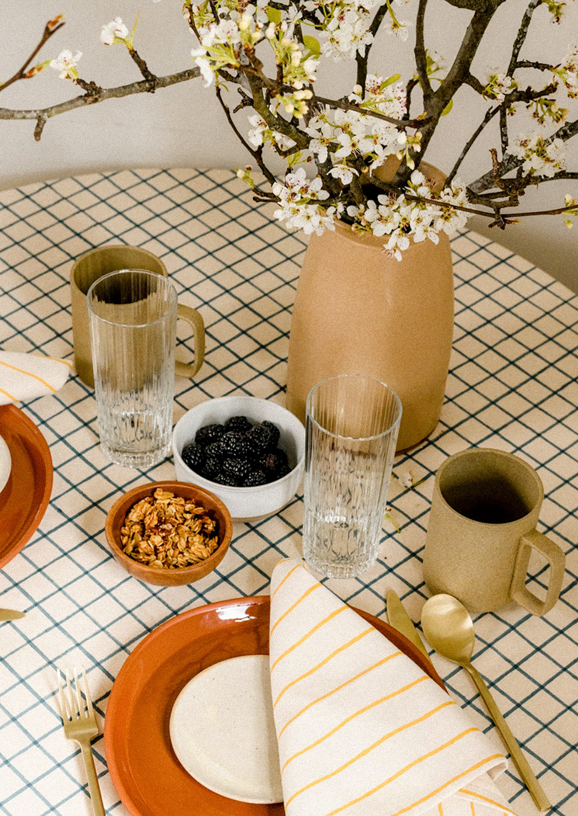 A tablecloth with white and blue grid pattern.