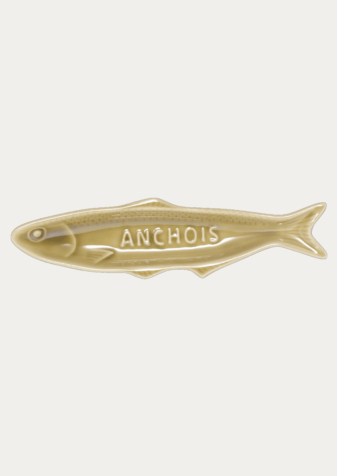 Decorative fish-shaped plate with 'Anchois' text on a white background