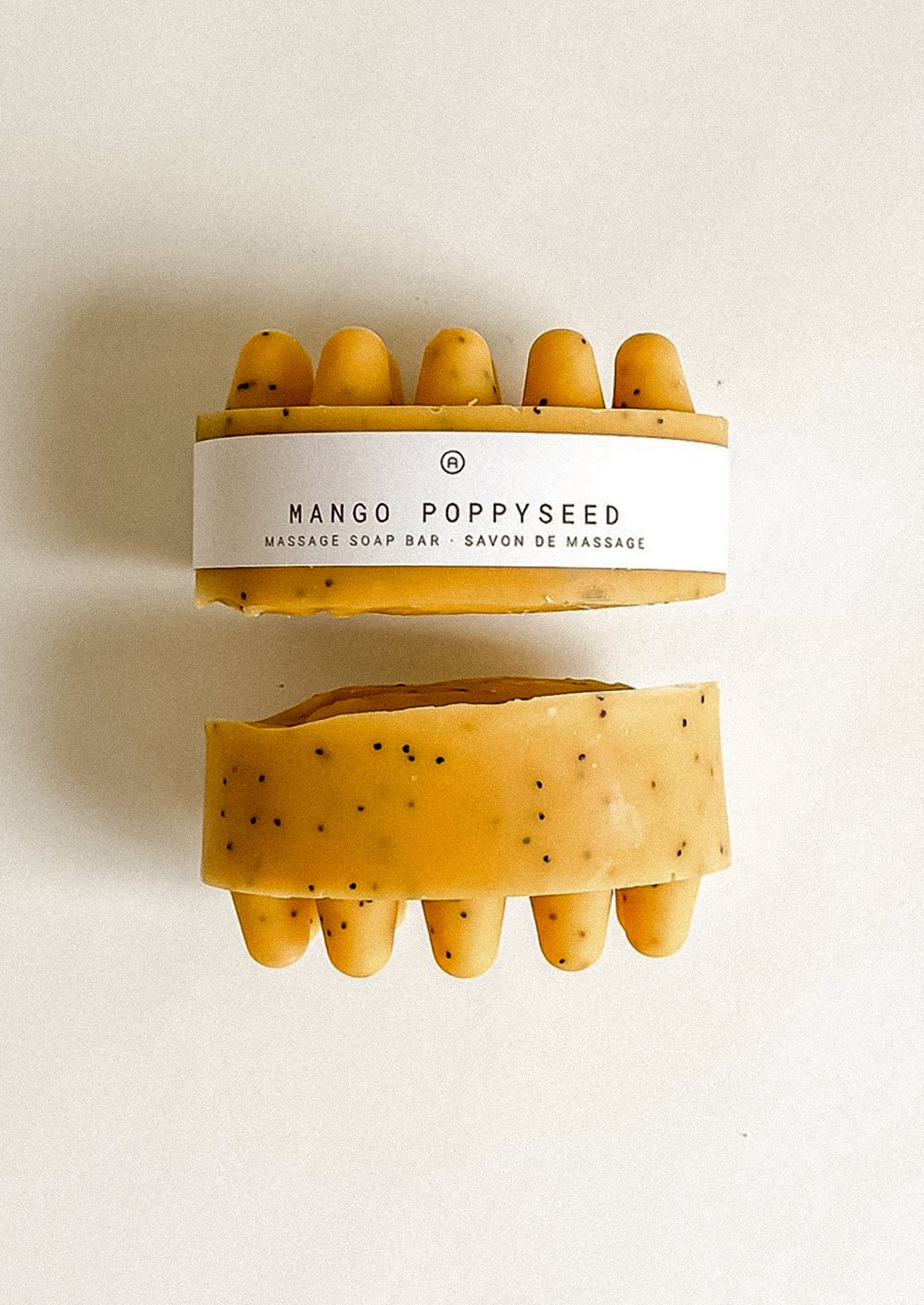 Two mango poppyseed massage soap bars.