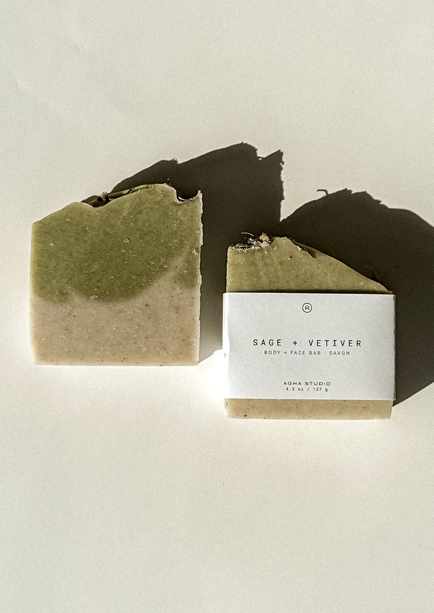 Bar soap in sage and vetiver scent.