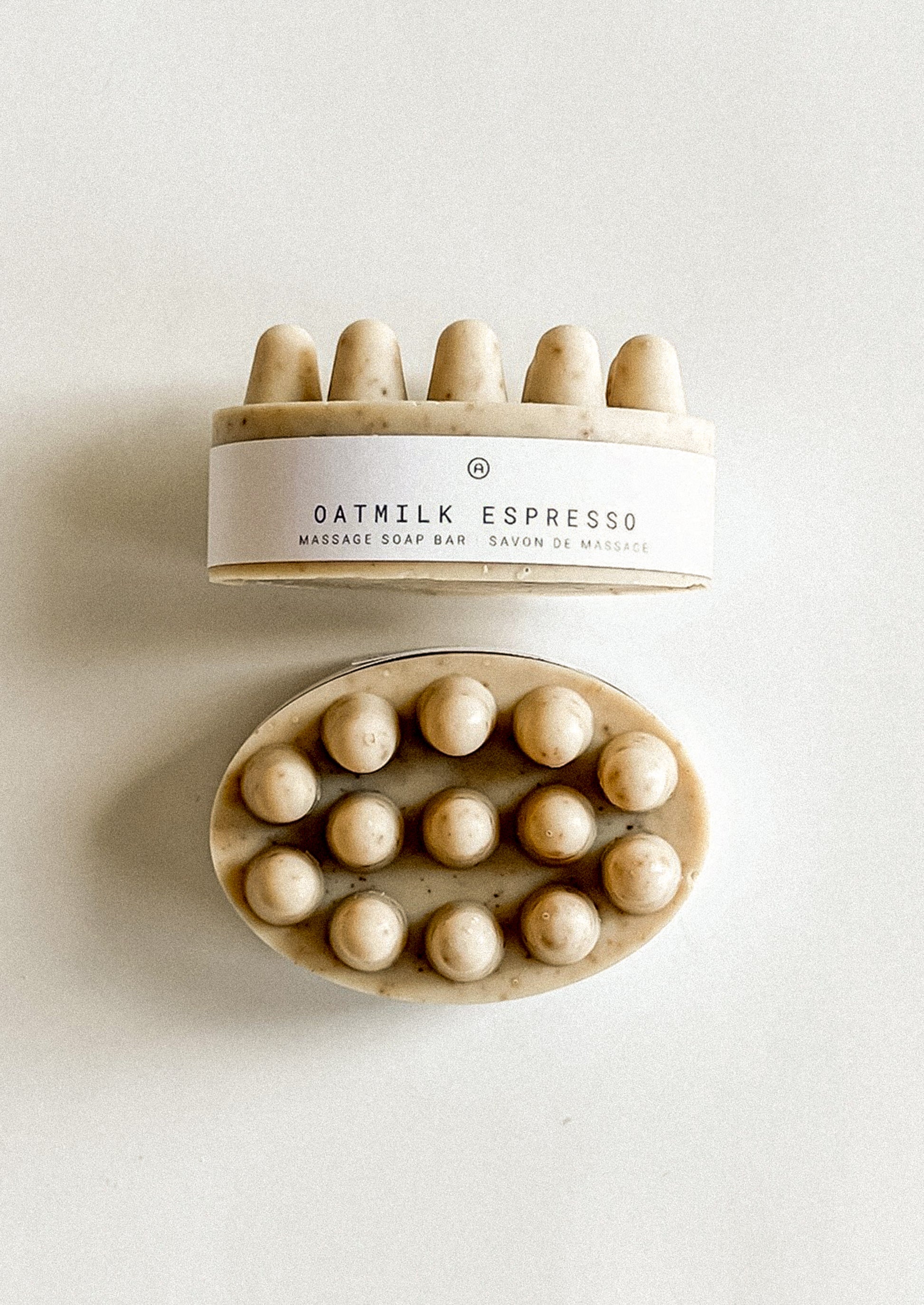 Oatmilk Espresso soap bar with exfoliating scrubber.