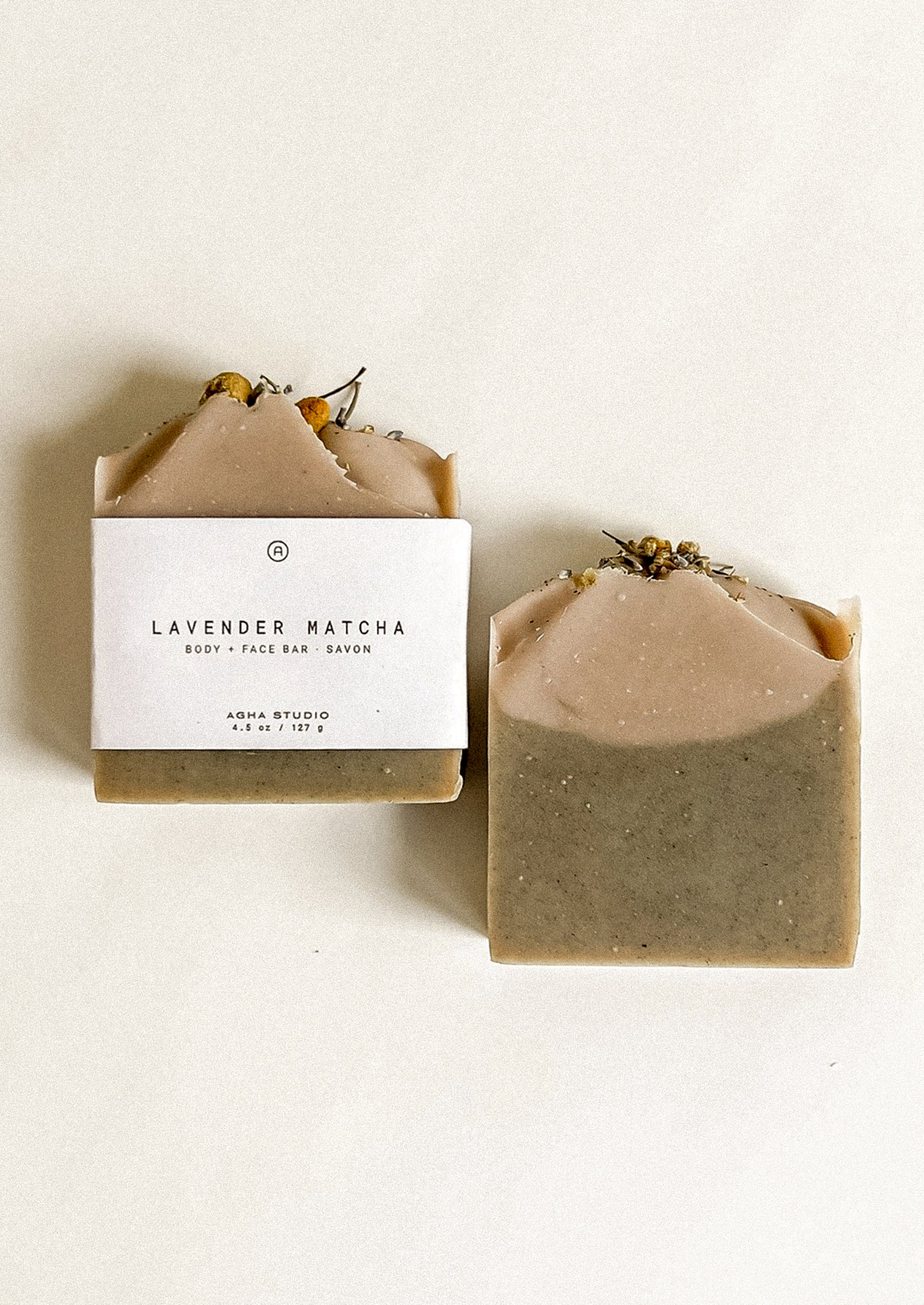 Lavender Matcha soap bar with packaging on a white background