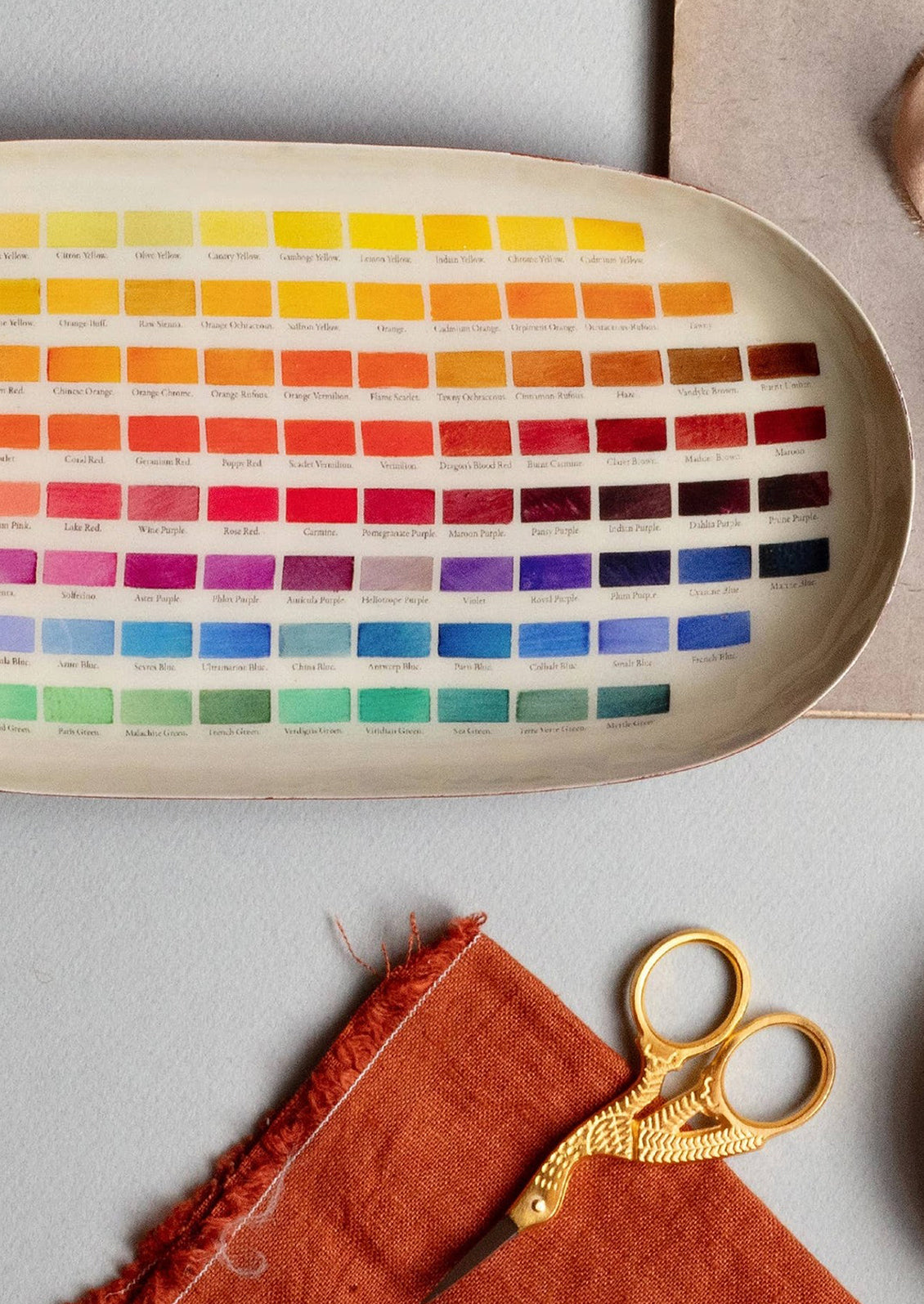 An oval shaped tray with color swatch print.