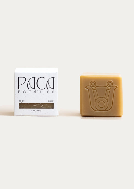 Bar of soap and its packaging with 'Paco Botanica' branding on a white background