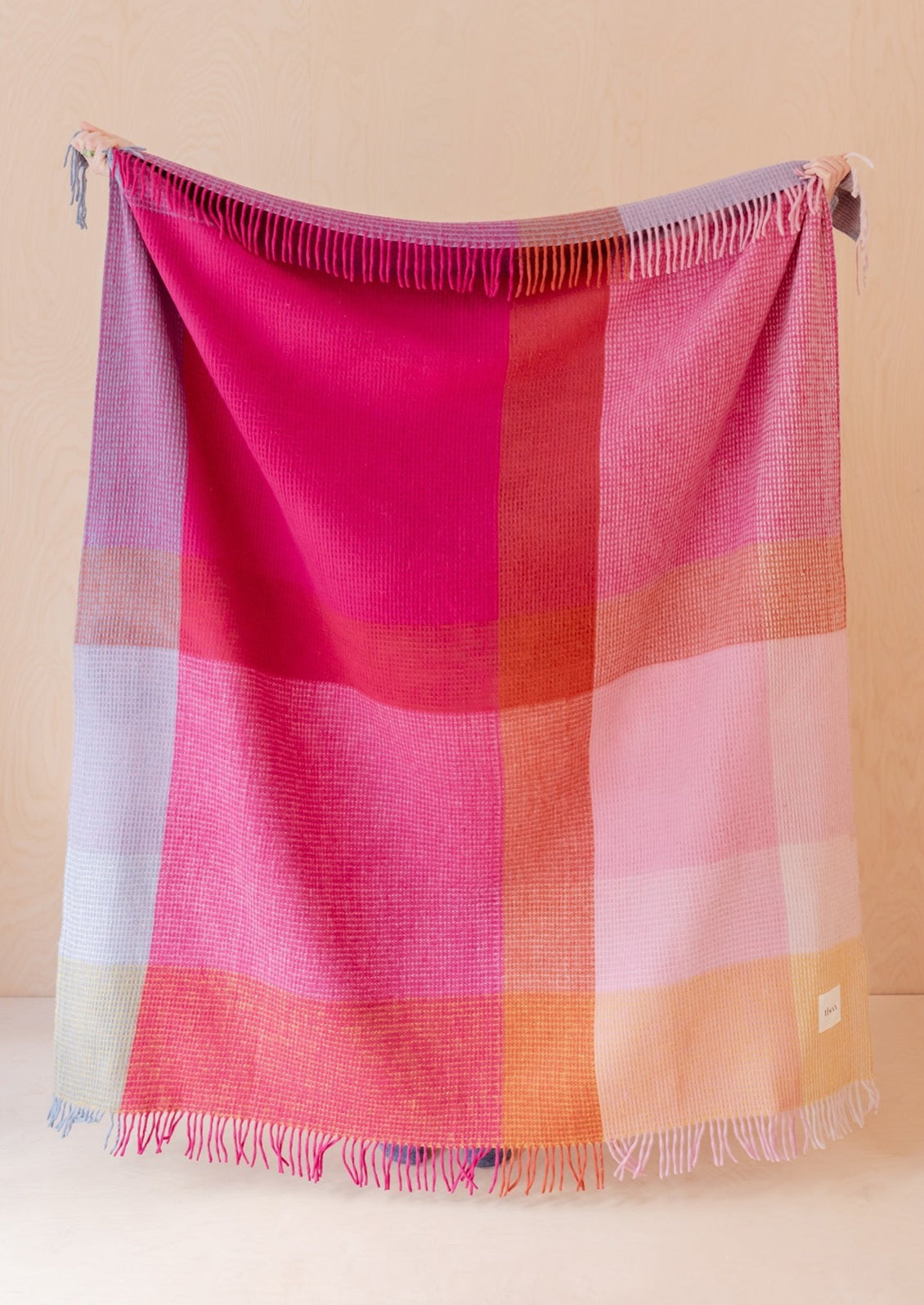 Colorful checkered blanket with waffle texture and fringes.