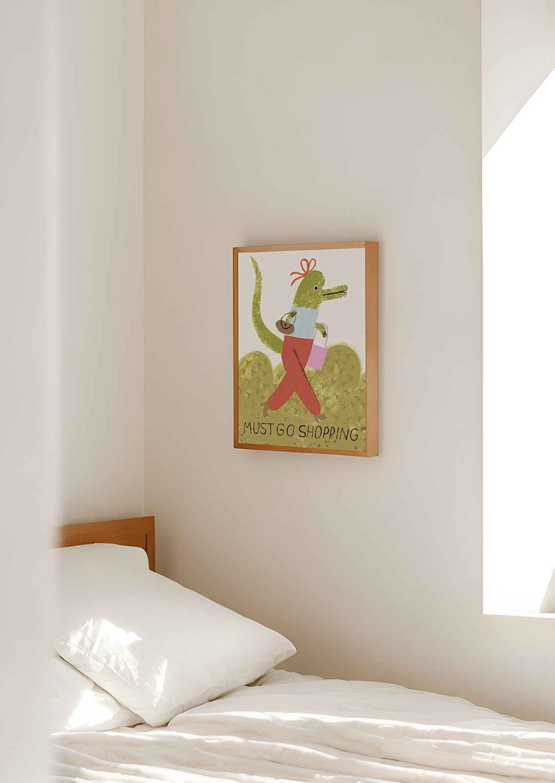 Bedroom with a bed and a framed picture of a crocodile on the wall.