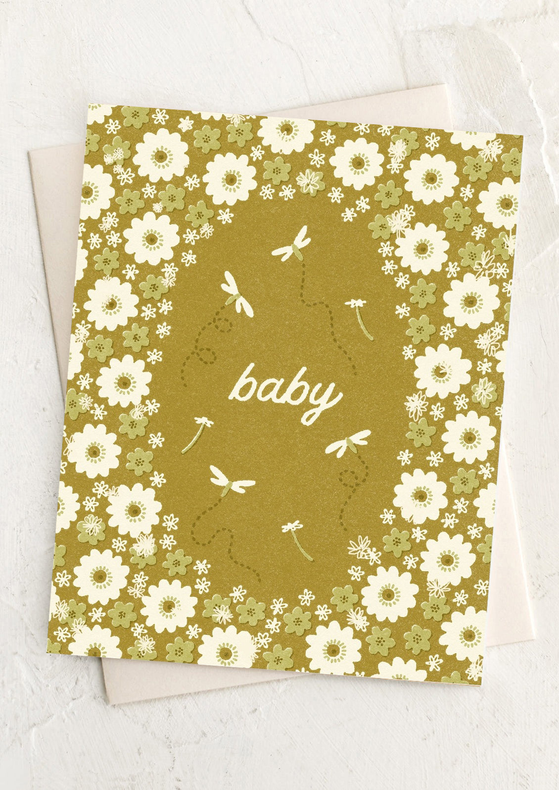 Greeting card with floral design and 'baby' text on a white background