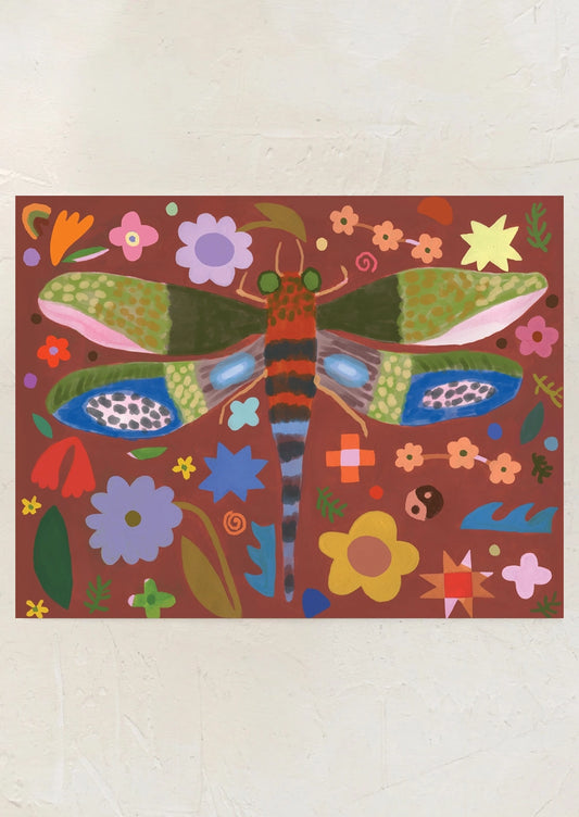 A colorful art print of a depiction of a dragonfly, surrounded by colorful shapes and icons.