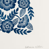 2: A woodcut floral print block print in indigo ink.
