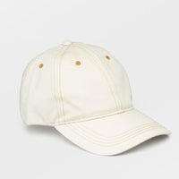 Ecru: An ecru color baseball cap with contrast brown stitching.