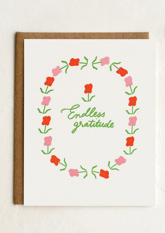 Card with floral wreath design and 'Endless gratitude' text on a white background