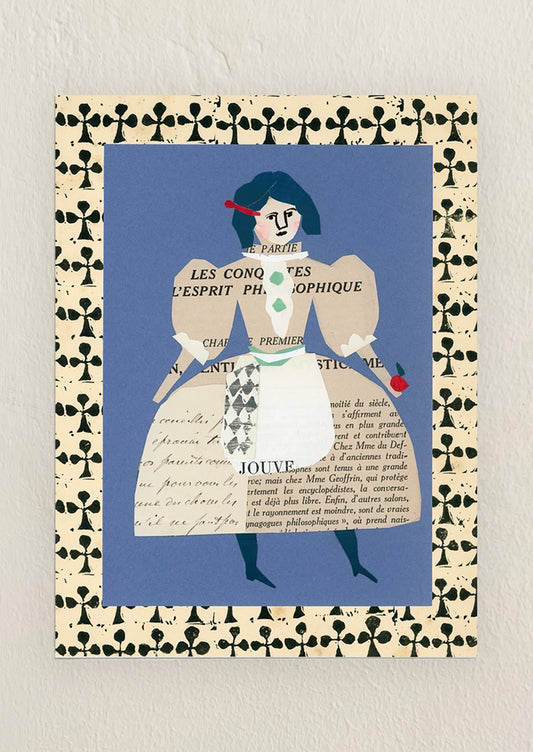 An art print of an original collage of a woman wearing a dress made from newspaper.