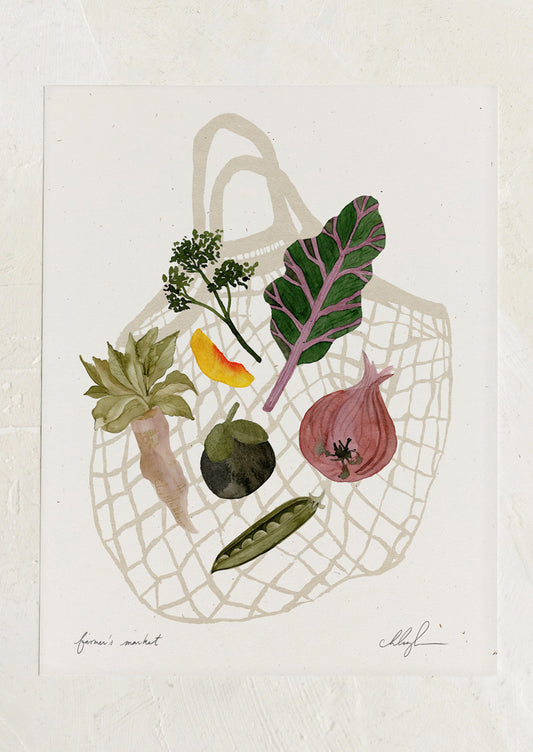 An art print of an illustration of a net bag with fruits and vegetables.