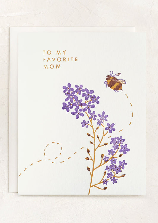 Greeting card with a bee and flowers design, featuring the text 'To my favorite mom' on a white background.