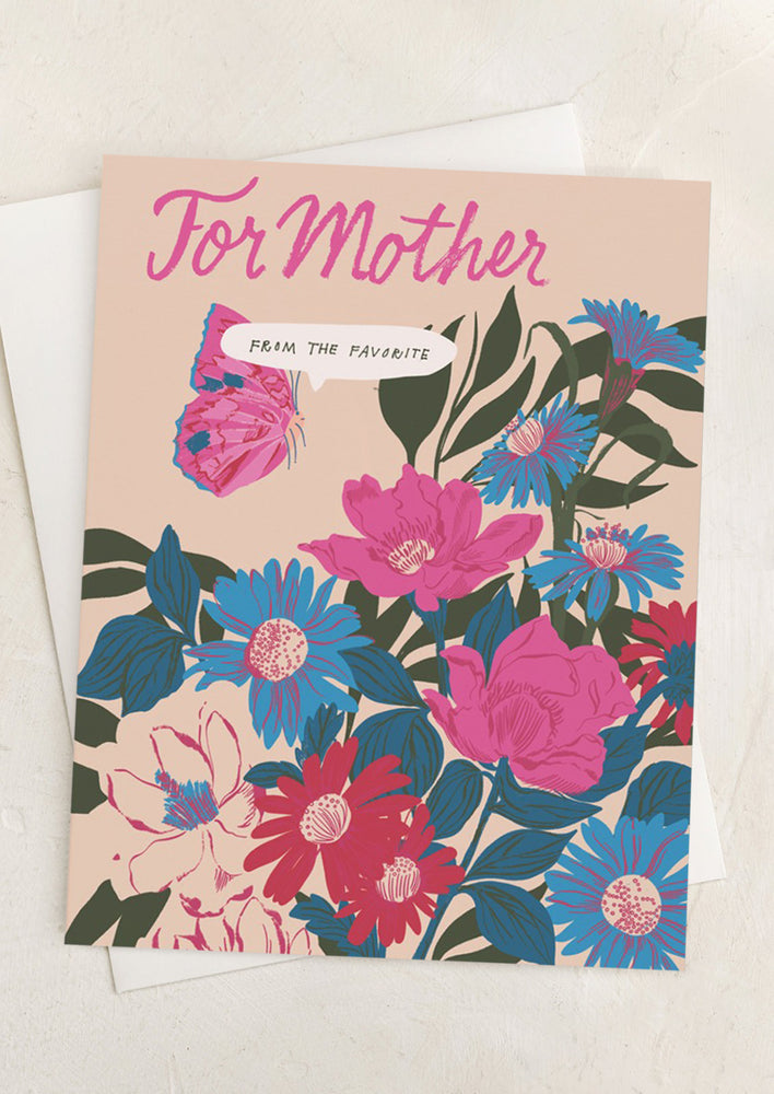 A card reading "For mother, from the favorite" in pink floral print.