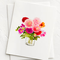 Dahlias: A greeting card with illustration of dalia flowers in a vase.